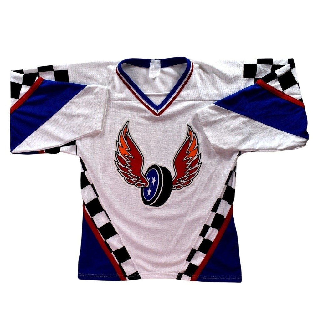 Knoxville Speed Athletic Knit Hockey Jersey Mens Small White Blue Winged Puck AK